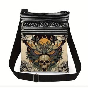 Gothic‎ Skull Moth Crossbody Bag Black White Tribal Strap Small Purse